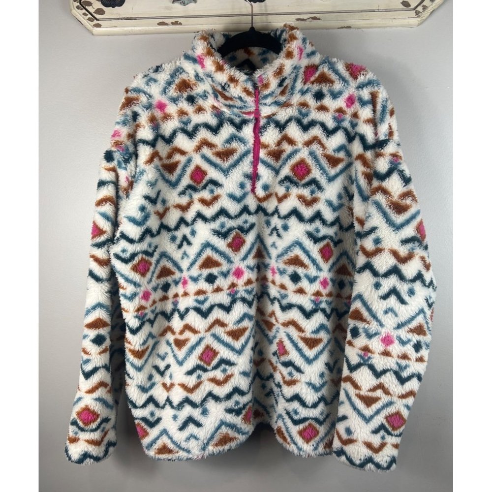 Eddie Bauer Fleece Jacket Top Geometric Multicolored Design 3/4 Zip Pullover XL